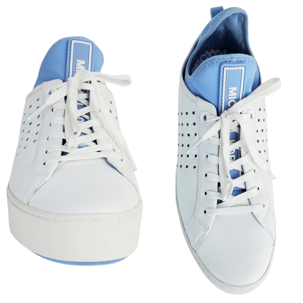 New Michael kors ace lace up lasered leather sneakers white pale blue - Picture 4 of 15